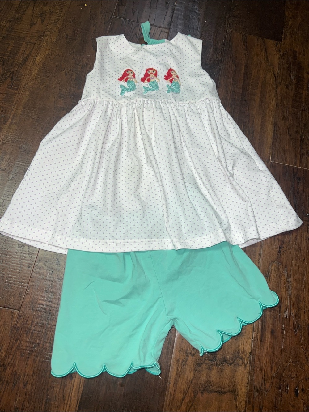 White Polka Dot Tank Dress with Mint Scallop Shorts and Mermaid Embroidery